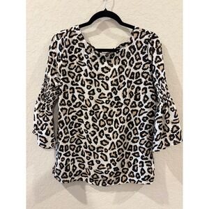 Como Blu Leopard Print Bell Sleeve Blouse Tan Black Small